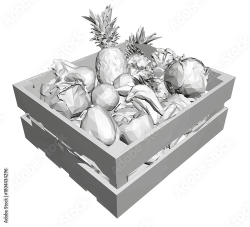Polygonal wooden crate filled with fresh fruit and vegetable on a clean white background. The animated fruit basket has a lively geometric style.