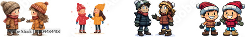 A modern clip art illustration with simple gradients shows cartoon kids wearing winter clothes, with each individual element placed on a separate layer