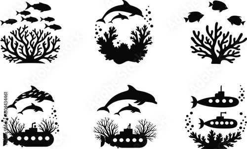 Underwater silhouette scene, dolphin fish coral reef, submarine ocean life, cad drawing flat vector illustration, marine nature icons, black design