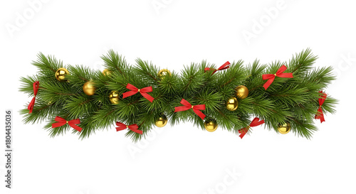 Festive christmas garland with red bows and golden ornaments isolated on transparent background