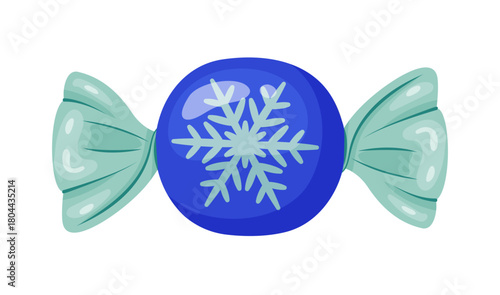 Candy wrapped in mint green cellophane with white snowflake. Colorful flat style vector illustration. For holiday treats, festive packaging, seasonal decor, winter designs, sweet food advertising.