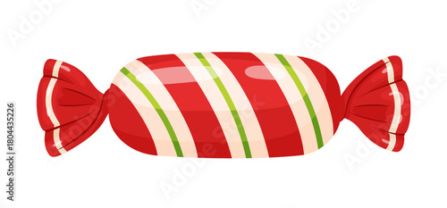 candy wrapped in red cellophane, white and green stripes. Colorful flat style vector illustration. for holiday treats, festive packaging, seasonal decor, winter designs, and sweet food advertising.