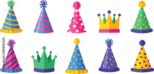 Collection of colorful party hats and crowns for birthday celebrations design