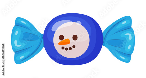 candy wrapped in blue cellophane, with snowmans face with carrot nose. Colorful flat style vector illustration. Ideal for holiday treats, festive packaging, winter designs, and sweet food advertising.
