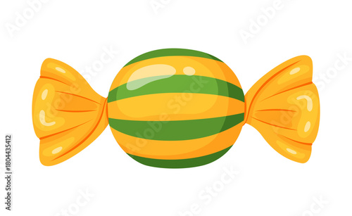 candy wrapped in orange cellophane with yellow and green stripe pattern. flat style vector illustration. For holiday treats, festive packaging, seasonal decor, winter designs, sweet food advertising