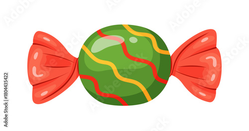 candy wrapped in red cellophane, with wavy red and yellow stripes. Colorful flat style. Ideal for holiday treats, festive packaging, seasonal decor, winter designs, and sweet food advertising