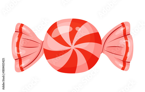 candy wrapped in pink cellophane, featuring red and pink spiral stripe pattern. flat style vector illustration. For holiday treats, festive seasonal decor, winter designs, sweet food advertising