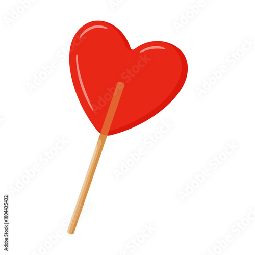red lollipop shaped like heart on wooden stick. Colorful flat style vector illustration. Ideal for Valentines Day, holiday treats, sweet designs, love and romance themes, and childrens designs