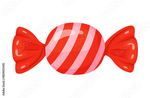 candy wrapped in bright red cellophane with red and light pink slanted stripes. flat style vector illustration. Ideal for holiday treats, festive packaging, winter designs, and sweet food advertising