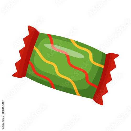 rectangular candy wrapped in green cellophane with red and yellow stripes. Colorful flat style vector illustration. Ideal for holiday treats, festive packaging, seasonal decor, winter designs