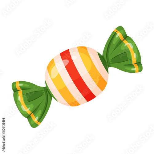 candy wrapped in green cellophane, with red, yellow, and white stripes. flat style vector illustration. Ideal for holiday treats, festive packaging, seasonal decor, winter designs, sweet advertising