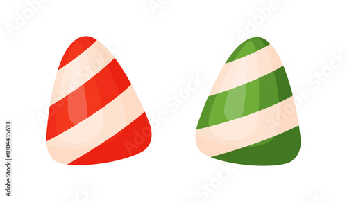 Two conical candy with diagonal stripes, red and white and green and white. Colorful flat style vector illustration. For holiday treats, festive packaging, seasonal decor, and sweet food advertising.