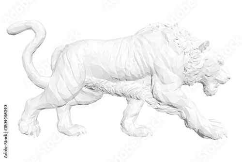 Low poly white tiger roaring fiercely with alert eyes and open mouth. Realistic fur details contrast sharply against the plain white background.