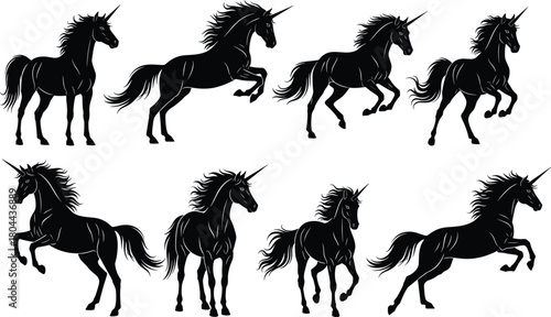Unicorn silhouette set with magical poses, fantasy horse icons, mythical creature vector, elegant mane, horned animal, black graphic art