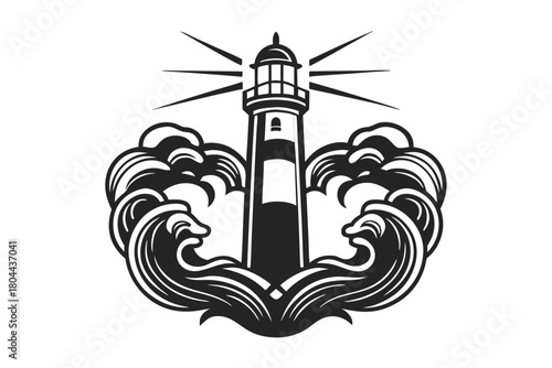 Black and white lighthouse between ocean waves emits light signals in a nautical design