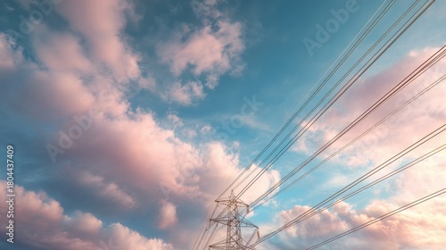 Electric power lines and transmission tower against a vibrant blue sky with pink clouds during sunset or sunrise. Electricity infrastructure.