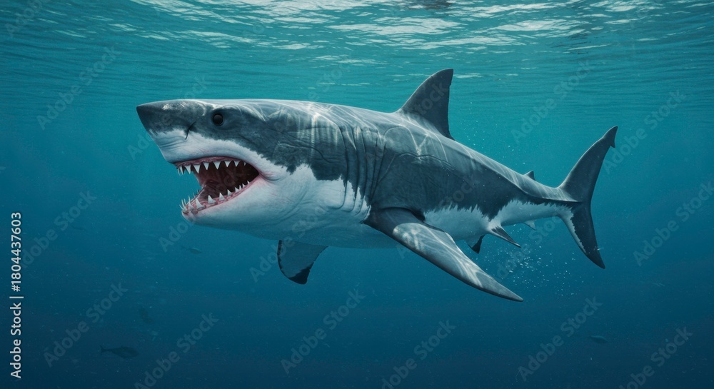 Fototapeta premium Great White Shark underwater swimming with its mouth open showcasing teeth