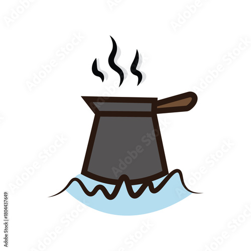 Steaming cezve atop pale blue shapes suggests hot aromatic coffee is brewing on white background