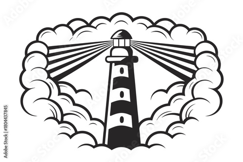 Black and white lighthouse emits light beams surrounded by cloudy puffs in the night sky