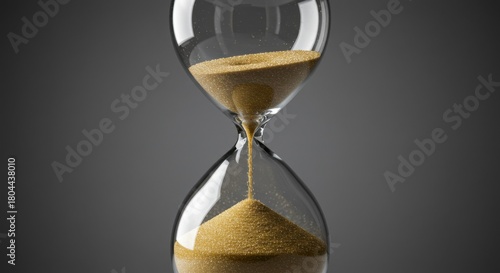 Hourglass with golden sand flowing, symbolizing time and deadlines with dark background evokes