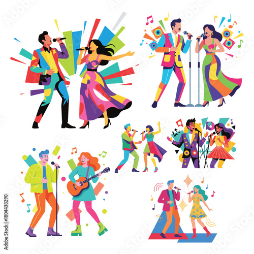 A collection of six illustrations shows colorful singers and musicians in dynamic, artistic poses surrounded by abstract shapes and musical notes.