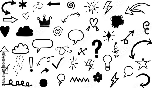 Hand drawn doodle icon set with arrows stars weather symbols and decorative elements in black sketch style