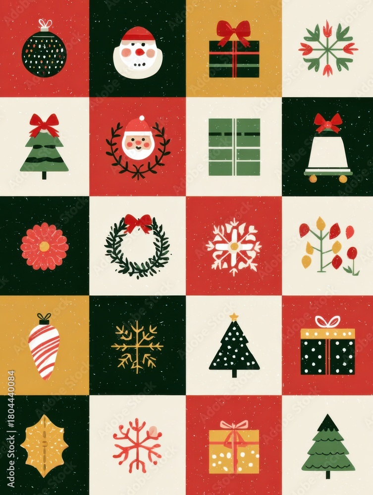 Fototapeta premium Colorful and Festive Christmas Pattern with Decorations, Trees, Gifts, and Snowman for Holiday Celebrations and Cards