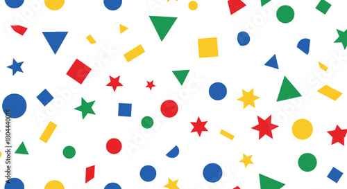 Colorful geometric shapes scattered on a white background create a fun pattern