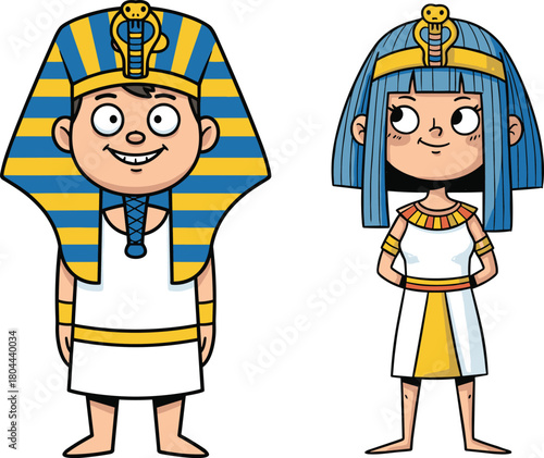 Cartoon children dressed as ancient Egyptian royalty with pharaoh costumes, traditional clothing, cultural history elements, mythology symbols, and educational character design