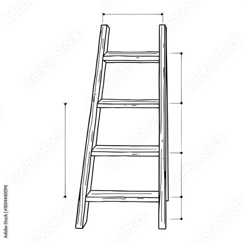 Illustration resembling a detailed assembly guide with a traditional wooden stepladder as the central subject, drawn in crisp black outlines with a front-facing perspective, showcasing a simple and pu