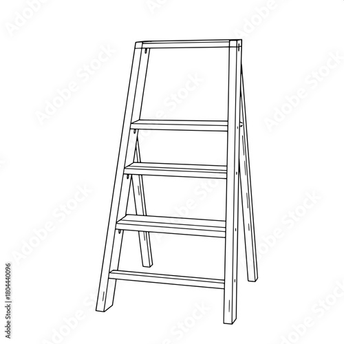 Illustration resembling a detailed assembly guide with a traditional wooden stepladder as the central subject, drawn in crisp black outlines with a front-facing perspective, showcasing a simple and pu