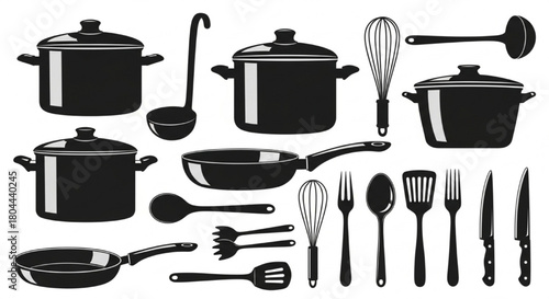 Kitchen Utensils Silhouette Vector Illustration of Pots, Pans, Spoons, Forks, Knives on White Background

