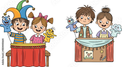 Children performing colorful puppet shows on small stages with playful hand puppets, creative storytelling, imaginative play, fun cartoon illustration for learning activities