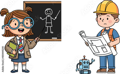 Cute children learning and exploring professions with a young girl teaching at a chalkboard and a boy studying engineering plans with a robot