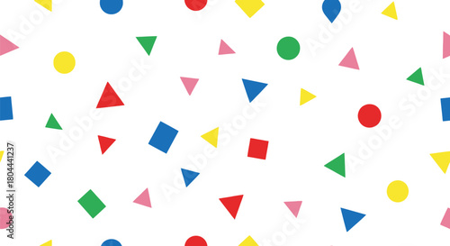 Colorful geometric shapes scattered on a white background in a fun pattern