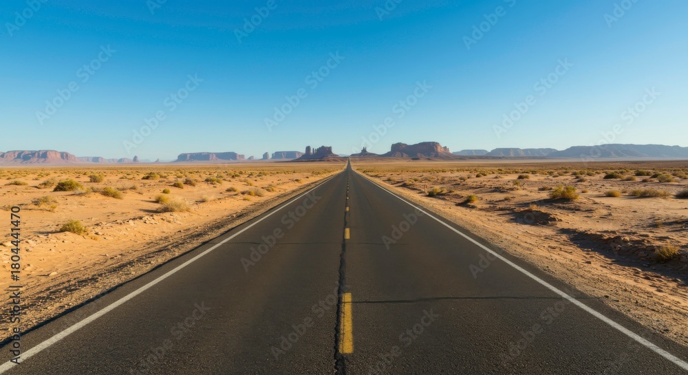 Fototapeta premium Scenic Desert Highway Leading to Monument Valley with Clear Blue Sky offering freedom travel