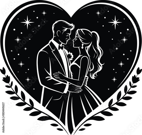 Romantic vector silhouette illustration of a couple kissing under the moonlight and stars in the night sky