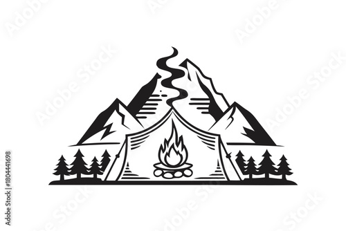 Black and white monochrome outdoor features a camping tent with mountains and trees
