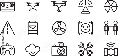 Drone Icons and Symbols: A collection of modern icons representing unmanned aerial vehicles (drones) and their related symbols, such as remote controls, cameras, batteries, and the cloud.