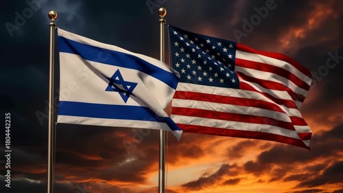 Israeli and American flags waving at dramatic sunset