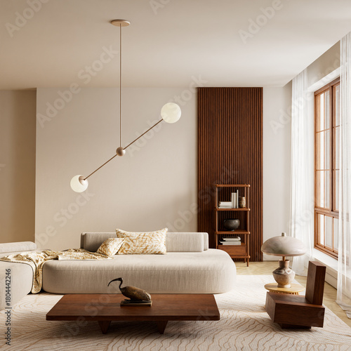 Warm minimal interior with soft neutral palettes, sculptural lighting and natural wooden accents arranged to create a calm, refined and visually balanced modern living atmosphere. 3D illustration