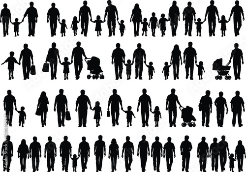 Family Silhouettes Walking Together, Parents and Children Representing Love, Parenthood, Childhood, and Community in Vector Illustrations