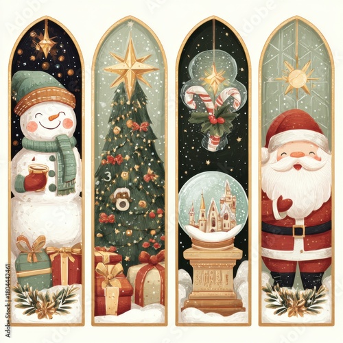Festive Winter Wonderland Scene Featuring Snowman, Christmas Tree, Candy Cane, Santa Claus, and Snow Globe Decoration