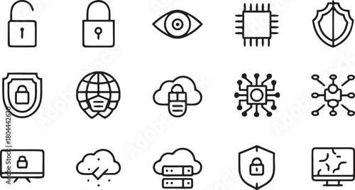 Cybersecurity Symbols: A collection of concise digital icons representing security measures and concepts.