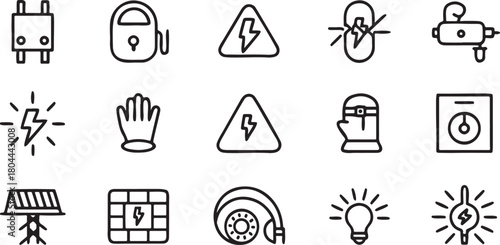 Electricity and power safety icons set: An array of electrical safety icons. Symbolizing various aspects of electrical safety, this collection is designed for use in presentations.