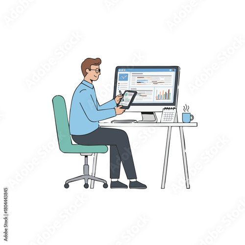 Business Professional Working on Computer and Tablet at Desk with Calendar and Coffee