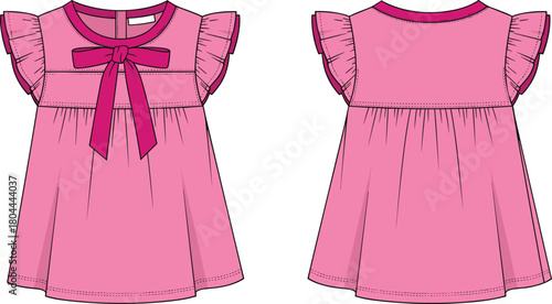 Cute toddler baby girl pink knit knitwear fashion drawing design flat sketch apparel template, frill shoulder short sleeve dress tunic top, with bow tie neck and contrast piping detailing.
