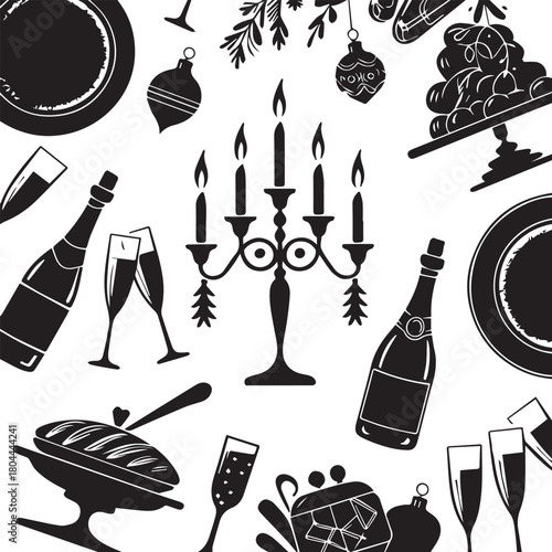 PrinVintage Hand-Drawn Holiday Feast Vector: Candelabra, Champagne, and Christmas Dinner Elementst
