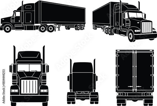 Vector illustration of semi-truck and trailer in front, rear, side, and angled views for transport, logistics, shipping, and freight design