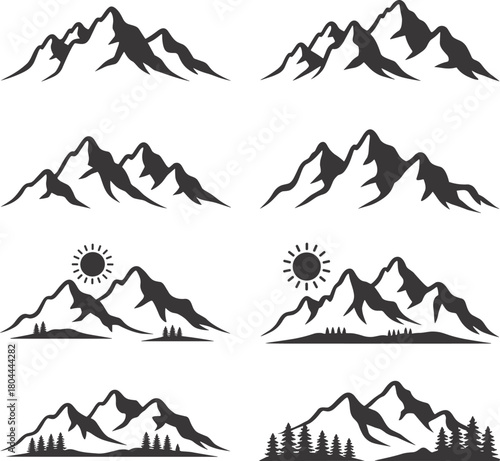 Black vector icon set of mountain peaks and ski sport silhouettes